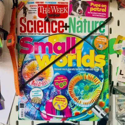 The September 2026 issue of The Week Junior Science+Nature on a pegboard, cover line ‘Small worlds’, an orange Casio watch hanging beside it.